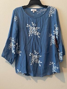 Anneliese Women's Blue Tunic Top with White Floral Embroidery - Size XL